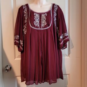 Denim 24/7 Wine Burgundy Bohemian Top Babydoll Peasant plus 28